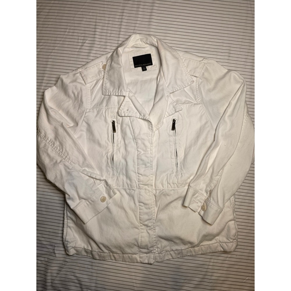 1323 Banana Republic White Cotton Linen Utility Jacket Womens Large Military Zip
